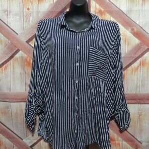 Grand & Greene stripped blouse button up, roll up sleeves, 2 XL gently worn